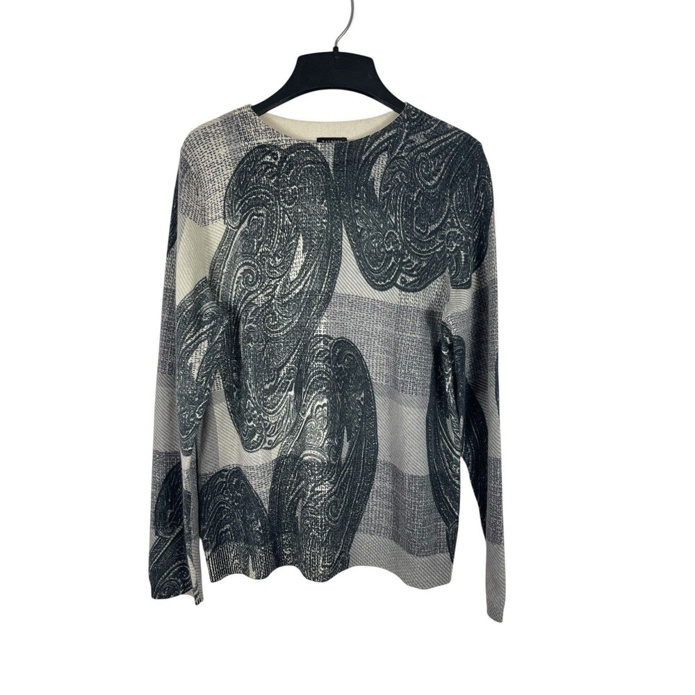 Talbots Pure Cashmere Sweater L Gray Ivory Geometric Crewneck Quiet Luxury